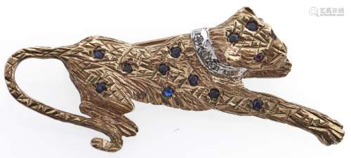 A sapphire and diamond big cats brooch, ruby eyes, in 9ct go...