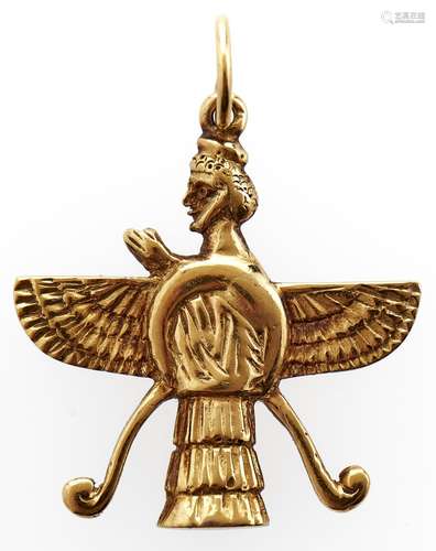 An ancient Egyptian style gold pendant in the form of a wing...