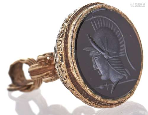 A 9ct gold openwork fob seal, with onyx intaglio, 11.6g Good...