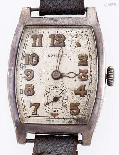 A Rolex silver tonneau wristwatch, Unicorn, case back engrav...