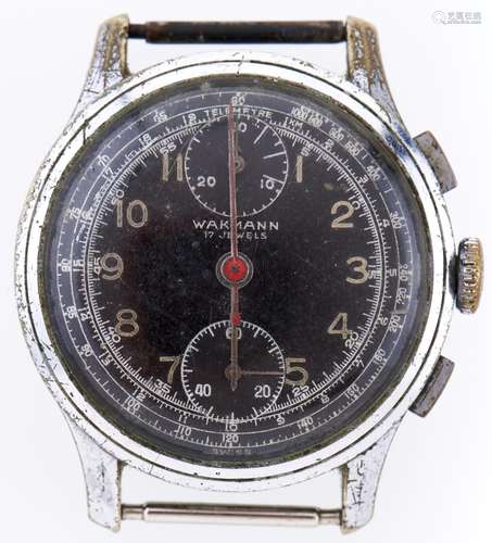 A Wakmann stainless steel chronograph wristwatch, with black...