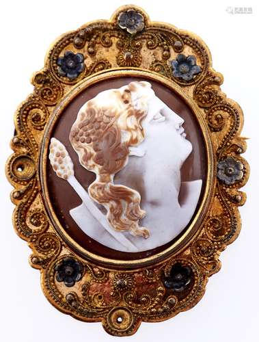 A cameo brooch, 19th c, the oval shell carved with the head ...