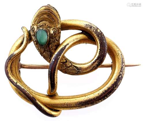 A Victorian giltmetal snake brooch, the head set with chryso...