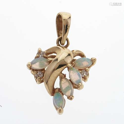 An opal and diamond pendant and pair of matching earrings, i...