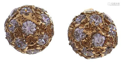 A pair of white stone set gold sphere ear studs, marked 750,...