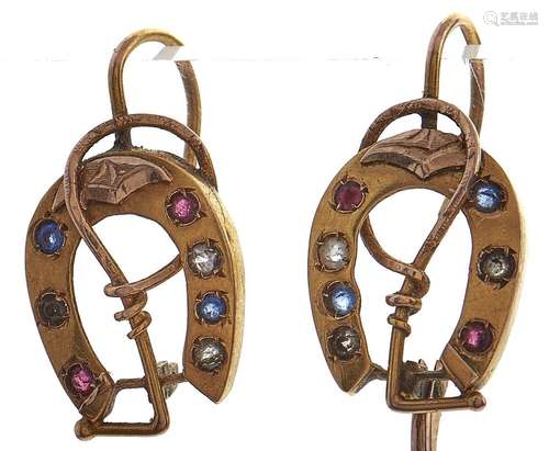 A pair of Victorian ruby, sapphire and diamond set horseshoe...