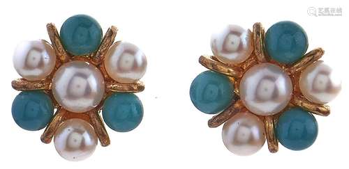 A pair of cultured pearl and gem set flower cluster ear stud...