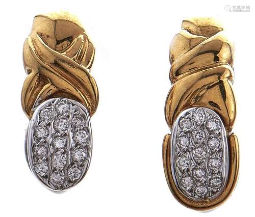 A pair of diamond earrings, in two colour gold, marked 750, ...