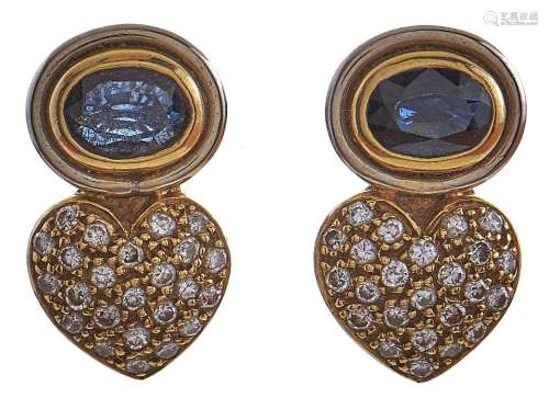 A pair of Portuguese sapphire and diamond earrings, pave set...