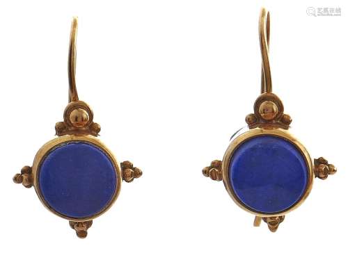 A pair of lapis lazuli earrings, in gold marked 585, 3.3g Go...