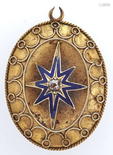 A Victorian diamond set gold and blue enamel pendant, c1870,...