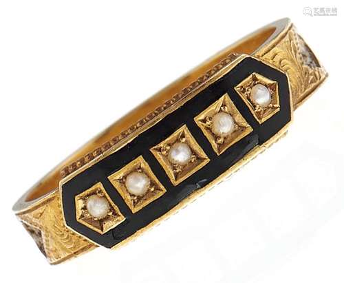 A split pearl and 15ct gold and enamel mourning ring, inset ...