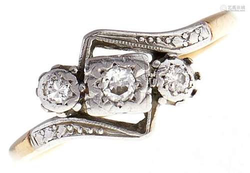 A three stone diamond ring, in gold marked 18ct PLAT, 2.7g, ...