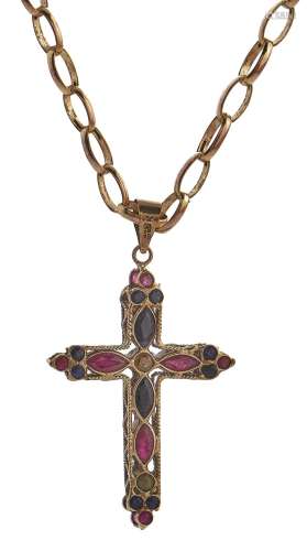 A ruby and sapphire cross, in 9ct gold and a gold necklace, ...
