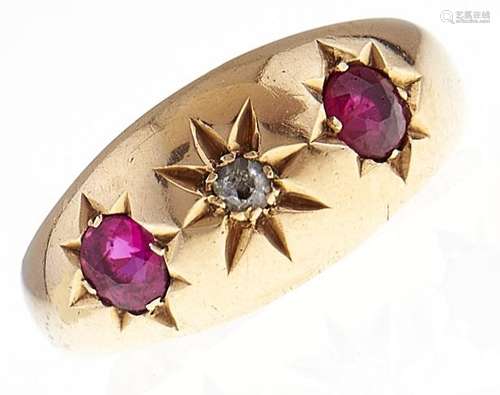 A diamond and synthetic ruby ring, gypsy set in 18ct gold, C...