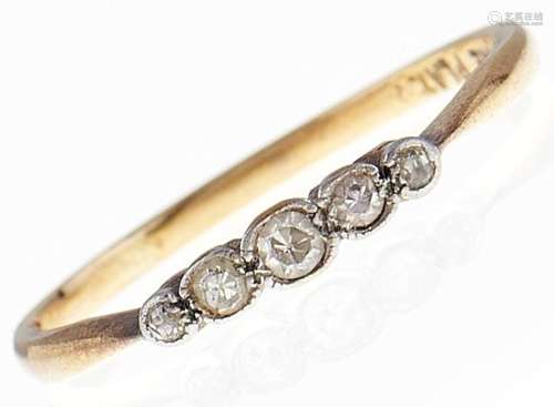 A five stone diamond ring, gold hoop, marked FINE PLAT, 1.6g...