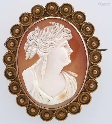 A cameo brooch of the head of a lady, mounted in gold, marke...