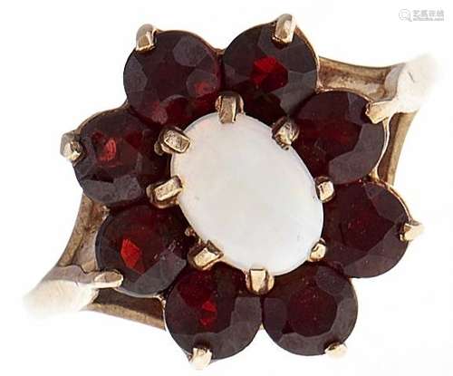 An opal and garnet cluster ring, in 9ct gold, 3g, size O Goo...