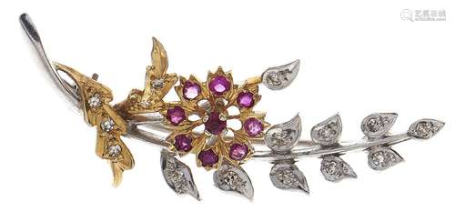 A ruby and diamond spray brooch, in two colour 9ct gold, 3.8...