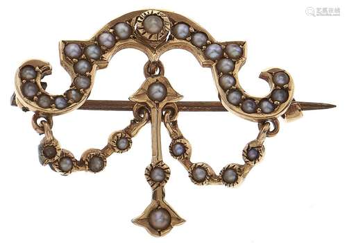 An articulated split pearl festoon brooch, in gold marked 14...