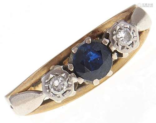 A three stone sapphire and diamond ring, in 18ct gold, 4g, s...