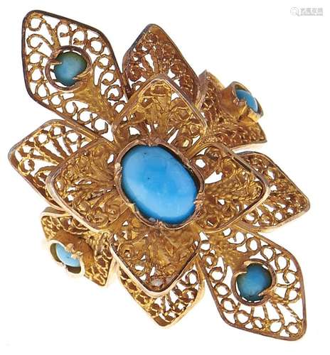 A turquoise ring, in gold filigree with wirework hoop, unmar...