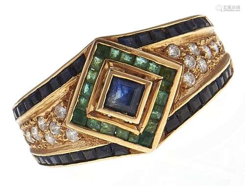 A Portuguese diamond, sapphire and emerald ring, in gold, ma...