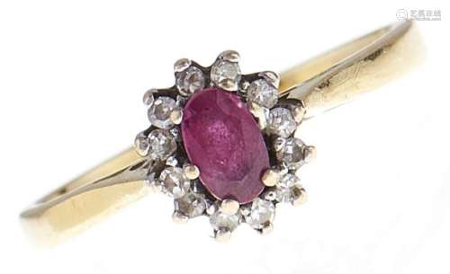 A ruby and diamond cluster ring, in 18ct gold, 2.6g, size M ...