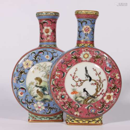 pair of chinese famille rose porcelain moonflasks