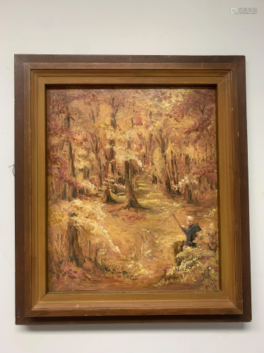 Framed Oil Painting in the Woods with Man Sitting