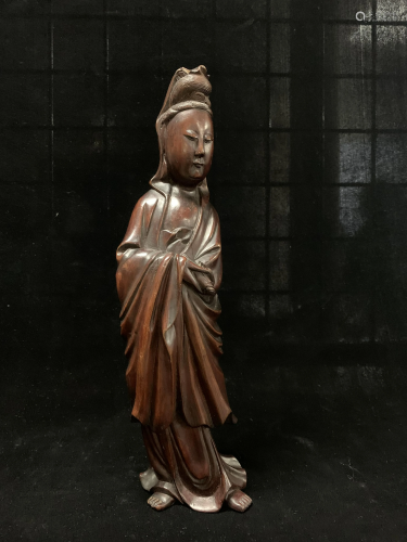 Chinese Brown Hard Wood Standing Guan Yin Sculpture