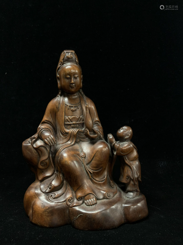 Chinese Hard Wood Seated Guan Yin with Attendants
