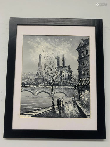 Framed Painting of Couple Walking to Eiffel Tower.