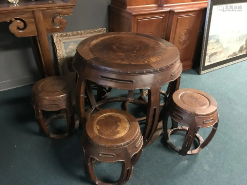 Antique Hardwood Chinese Circular Tea Table FIVE Stools
