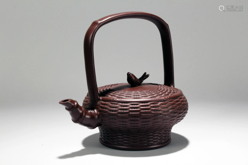 A Chinese Bamboo-fortune High-handle Tea Pot