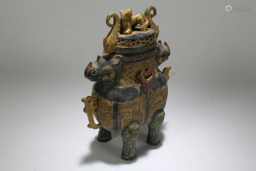 A Chinese Duo-handled Myth-beast Fortune Lidded Bronze