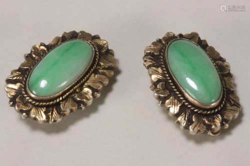 Pair of Jade and Gilt Silver Earrings,