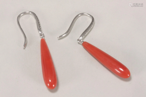 Pair of 9ct White Gold and Coral Earrings,