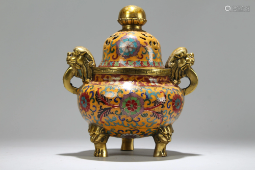 A Chinese Duo-handled Tri-podded Fortune Cloisonne