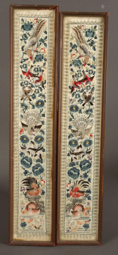 Pair of Framed Chinese Embroidered Sleeve Panels,