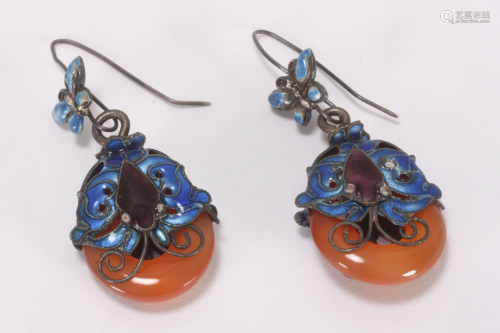 Pair of Chinese Enamel and Carnelian Earrings,