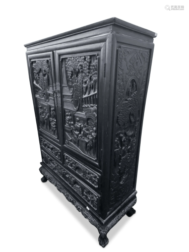 Chinese Ebonised Cabinet on Stand,
