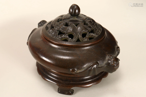 Chinese Bronze Censer, Cover and Stand,