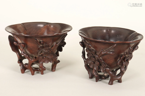 Pair of Chinese Carved Wooden Libation Cups