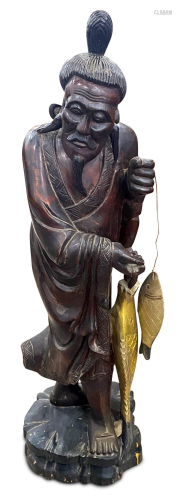 Large Carved Chinese Figure of a Fisherman,