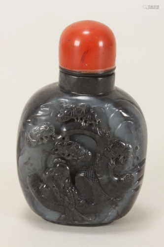 Chinese Carved Black and White Jade Snuff Bottle,