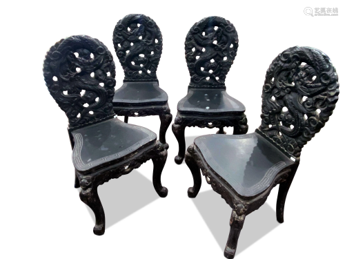 Set of Four Japanese Ebonised Dragon Chairs,