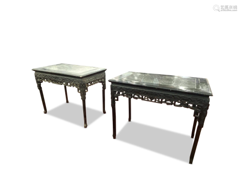 Fine Pair of Chinese Ebonised and Marble Tables,