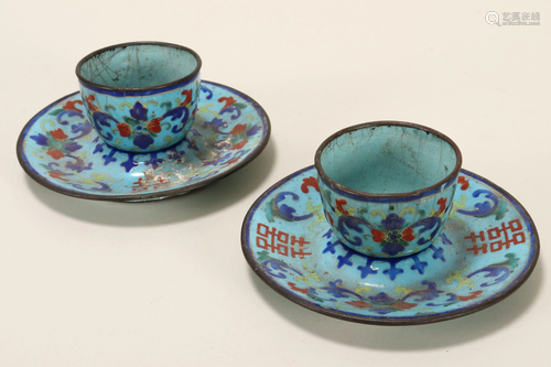 Pair of Chinese Miniature Enamel Bowls & Saucers,