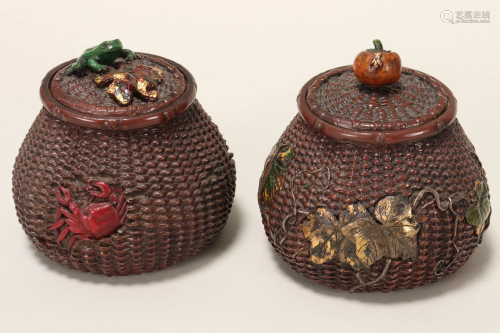 Pair Japanese Meiji Period Bronze Jars and Covers,